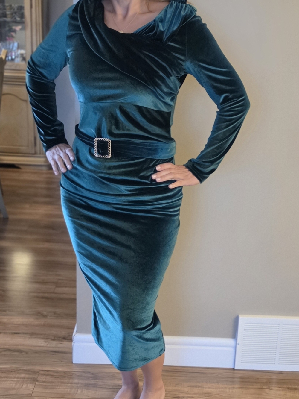 Velvet Wrap Midi Dress with Decorative Belt - Teal